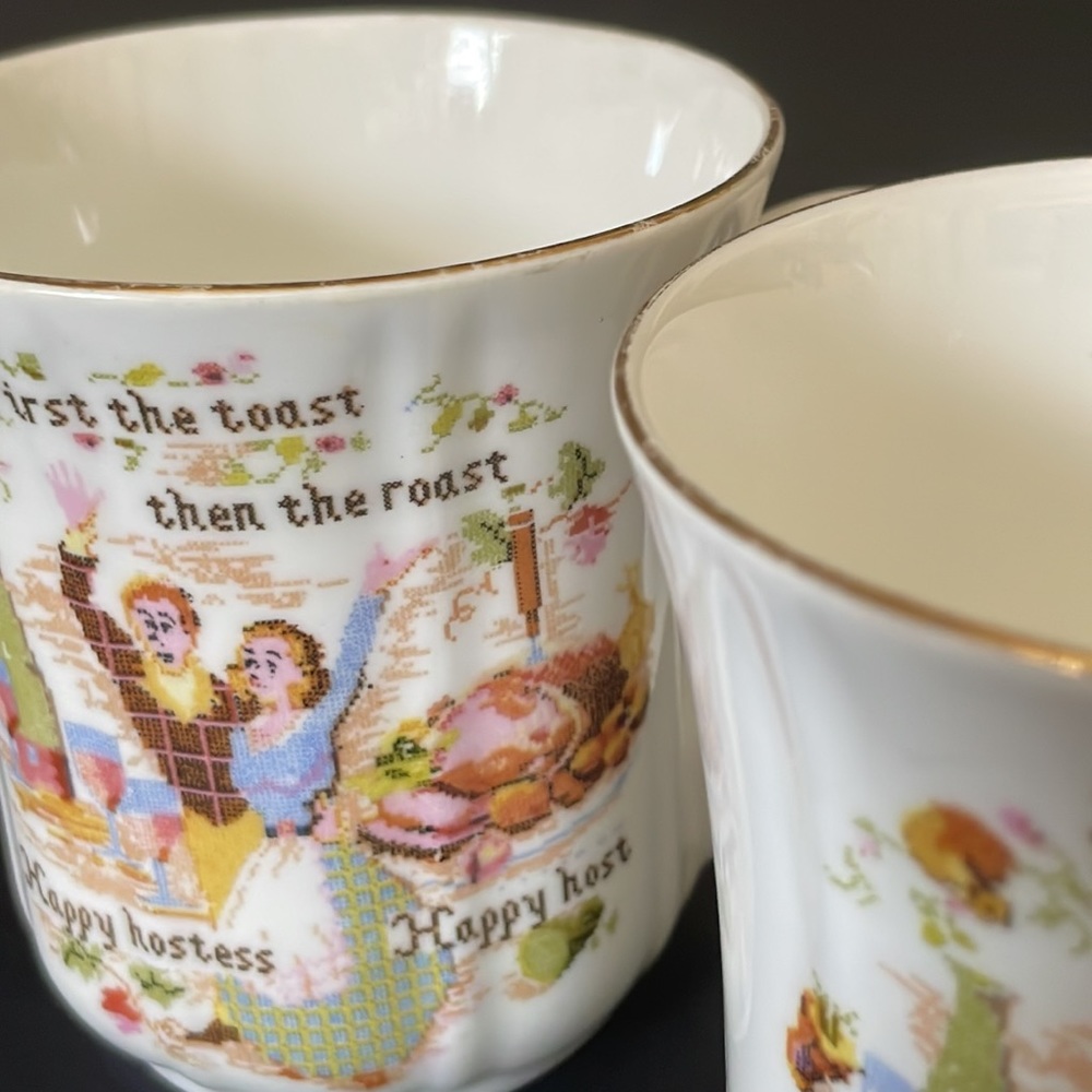Bone China Happy Hostess Set Serving Platter 2 Coffee Mugs Plate Tea Cup Vintage - Picture 9 of 14